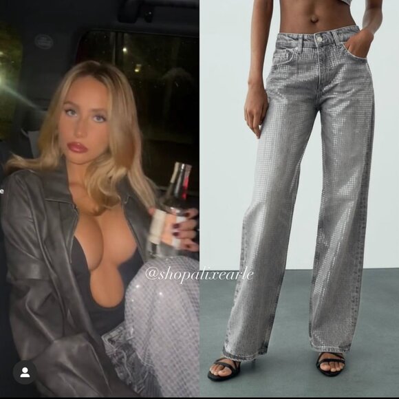 Zara TRF MID-RISE WIDE LEG SEQUIN FOIL JEANS - ASO Alix Earle - Picture 1 of 5